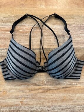 Victoria's Secret Uplift Semi Demi Bra Strappy Back Front Close 34B Grey Stripe